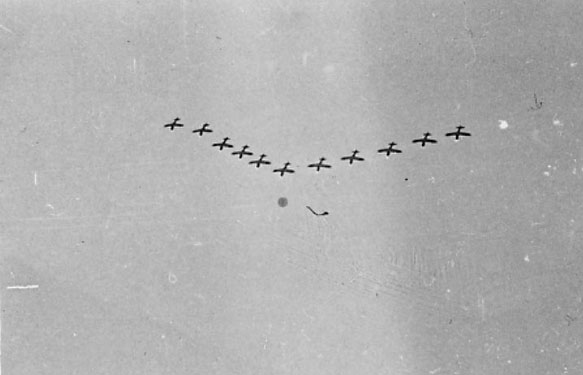 Luftfoto. elve fly i formasjon, sett fra undersiden (bildet ant. tatt fra bakken).