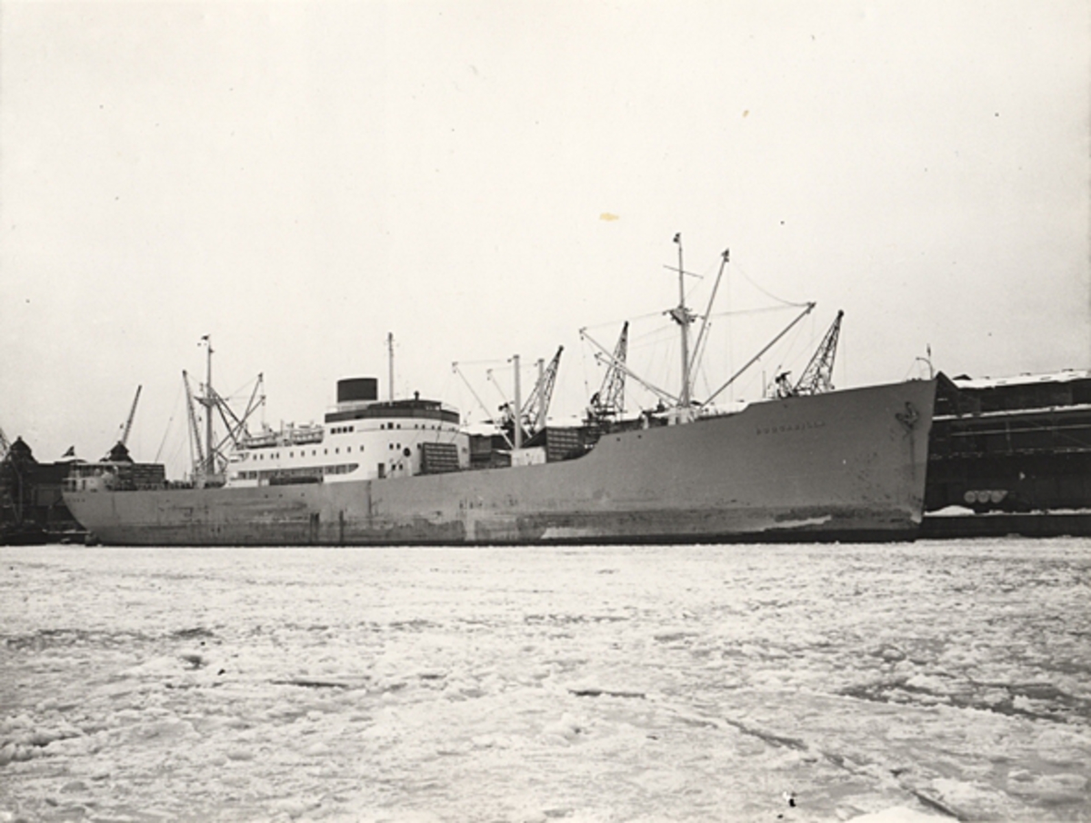 Foto i svartvitt visande lastmotorfartyget "BOOGABILLA" taget i Köpenhamn någon gång under 1950-talet.