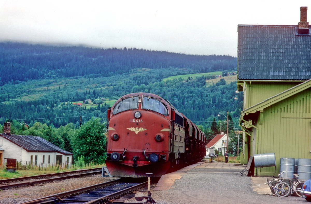 Singsås stasjon med ballasttog, trukket av NSB dieselelektrisk lokomotiv Di 3 615.