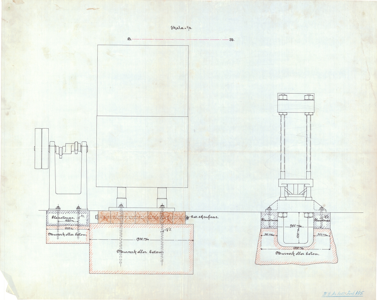 3 st ritningar av hydraulisk hylspress vid Artilleridepartementet.
Början av 1900-talet.