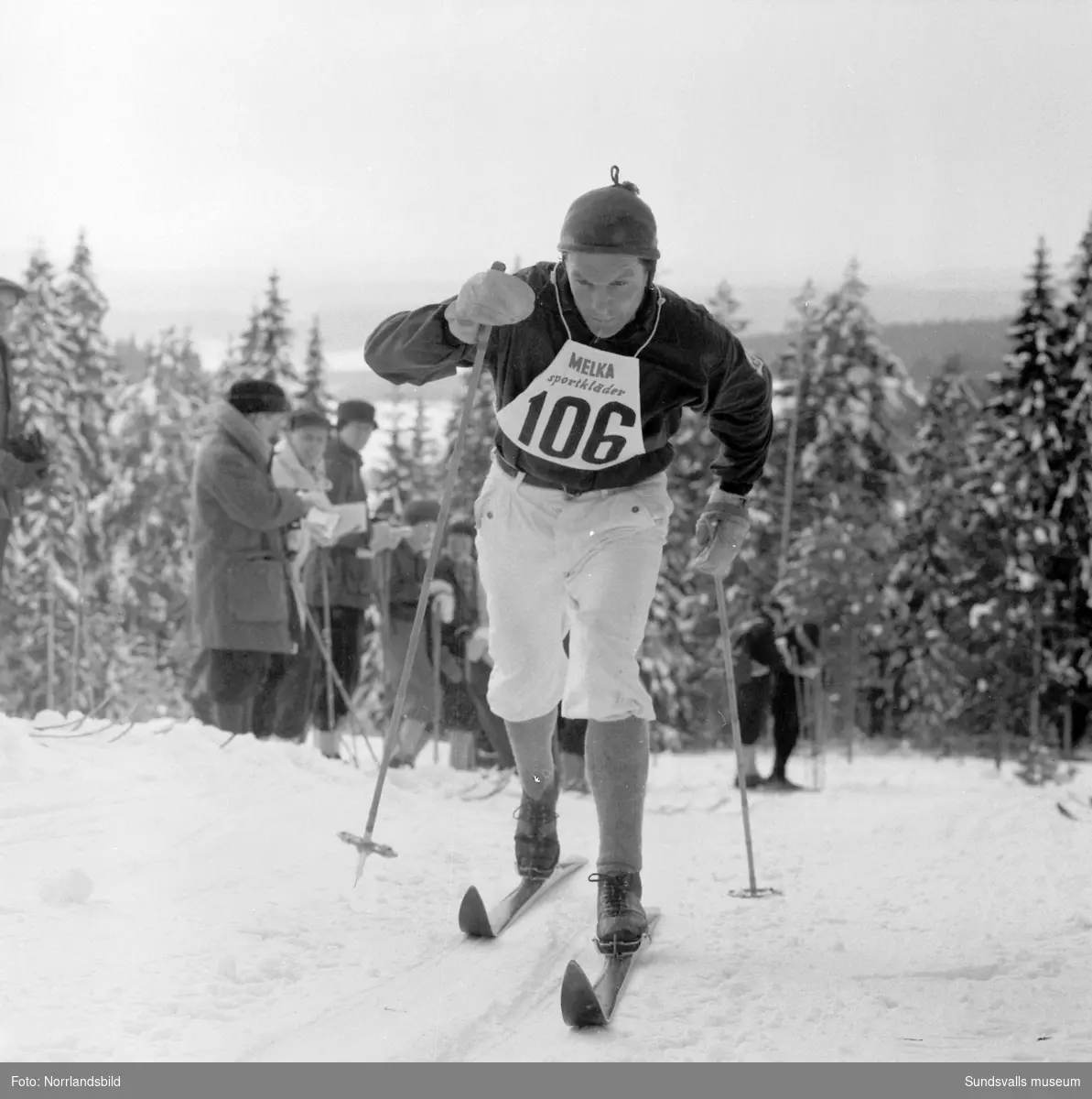 Skid-SM i Bergsåker, Sundsvall, 1955. 15 km herrar, vinnare Sixten Jernberg, Lima IF.