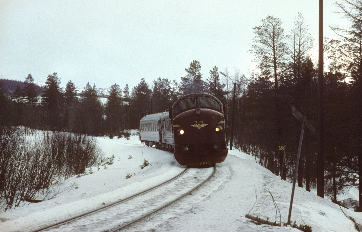 NSB dieselelektrisk lokomotiv Di 3 629 med persontog 424, Stockholm - Trondheim, i Kopperå, ved Meråker Smelteverk.