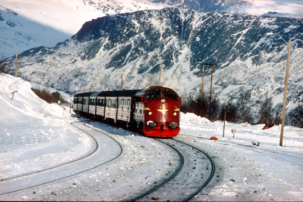 Dagtoget Bodø - Trondheim, tog 452, kjører inn på Lønsdal stasjon med NSB dieselelektrisk lokomotiv Di 3 625.