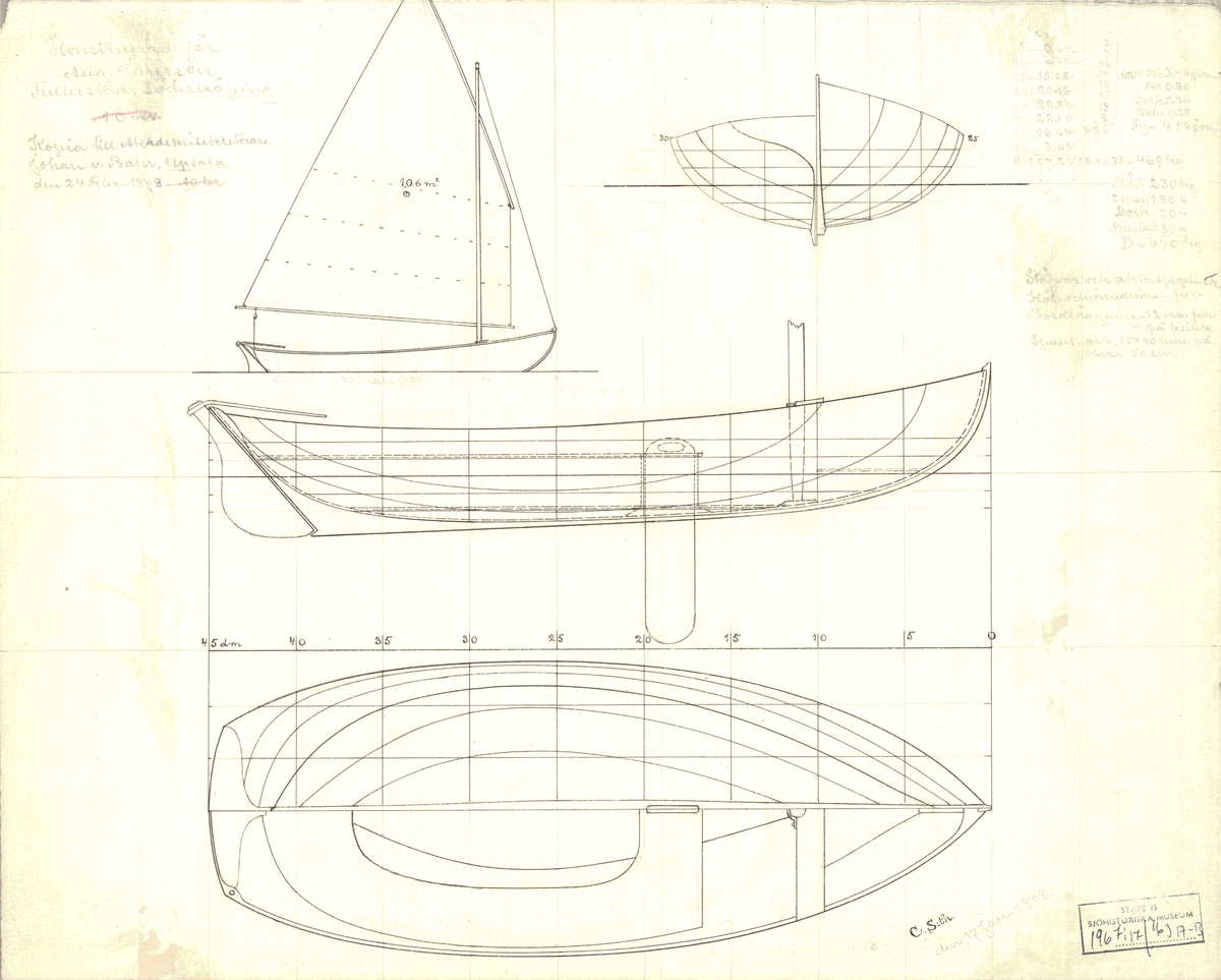 Enmastad segelbåt.
Spantruta, rigg, profil och linjeritning
