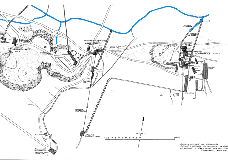 Kartet viser vassrenna som kom fra Damtjønna ved Øvre Storwartz, og vi ser også at det kom ei renne fra Klettjønna som gikk inn på den oppmurte renna på Nedre Storwartz. Den skrå streken øverst til høyre er den oppmurte renna.