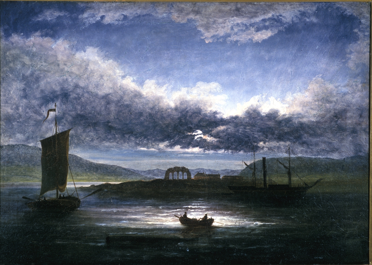Maleri av Peder Balke, 1840 årene. Domkirkeruinen, måneskinn, mjøsbåter, Mjøsa, Jernbarden, Storhamar, 