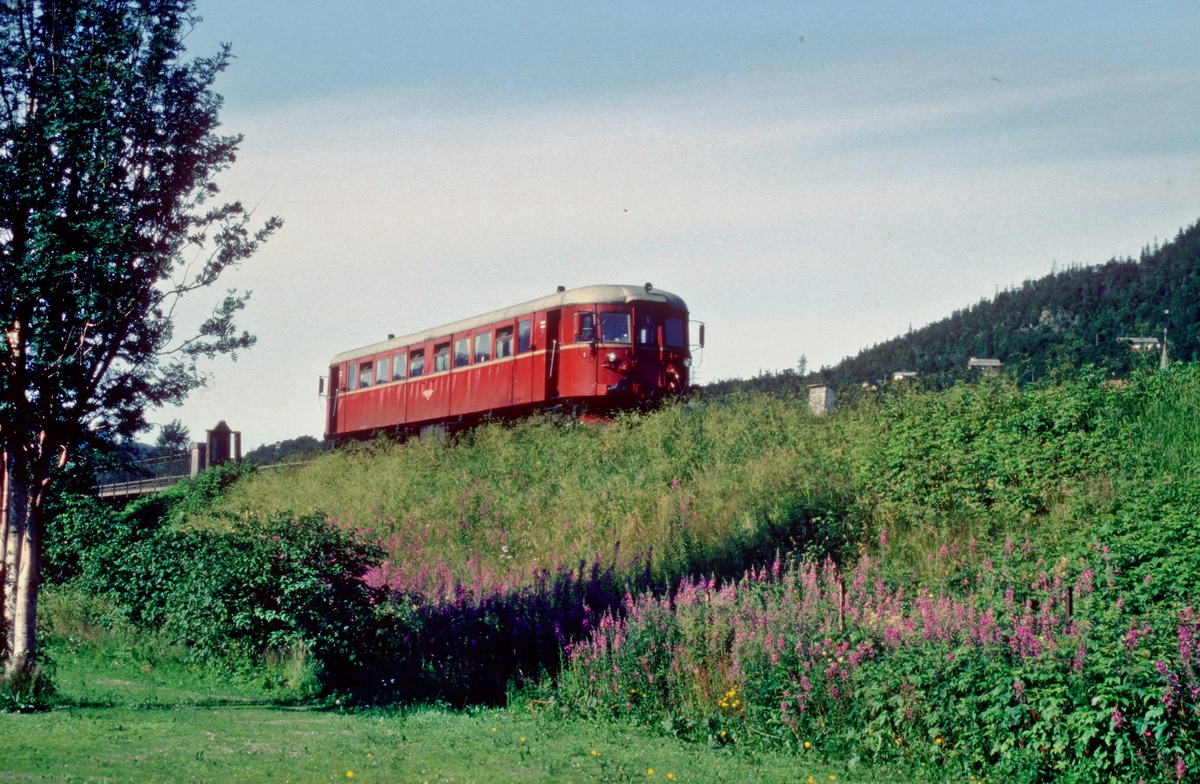 Persontog Mo i Rana - Majavatn forlater Mosjøen stasjon. Tog 476 "Majavassvogna". NSB dieselmotorvogn type 86.