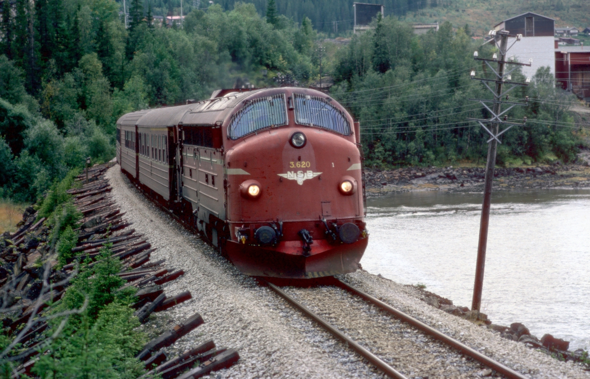 Nordlandsbanens dagtog 451 Trondheim - Bodø på vei inn mot Mo i Rana med NSB dieselektrisk lokomotiv Di 3 620.