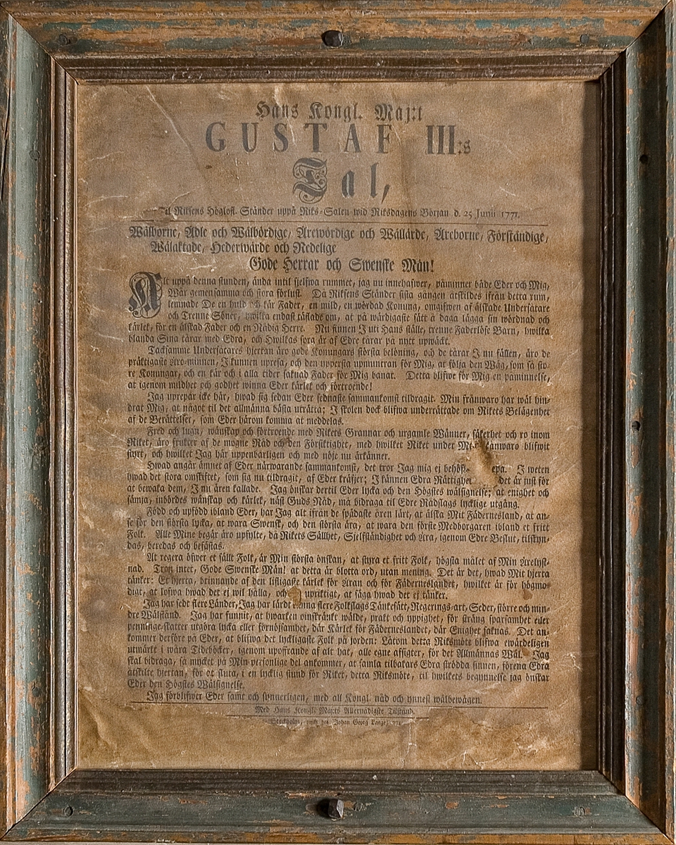Gustaf III:s tal till ständerna vid Riksdagens början 25/6 1771, tryckt.