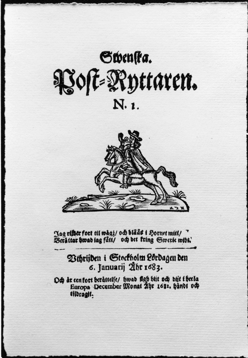 Postryttare, träsnitt från 1683 i "Svenska Postryttaren" nr 1, förlaga till frimärket "Postryttaren" i utgåvan "Världspostföreningen 50 år", 1924.