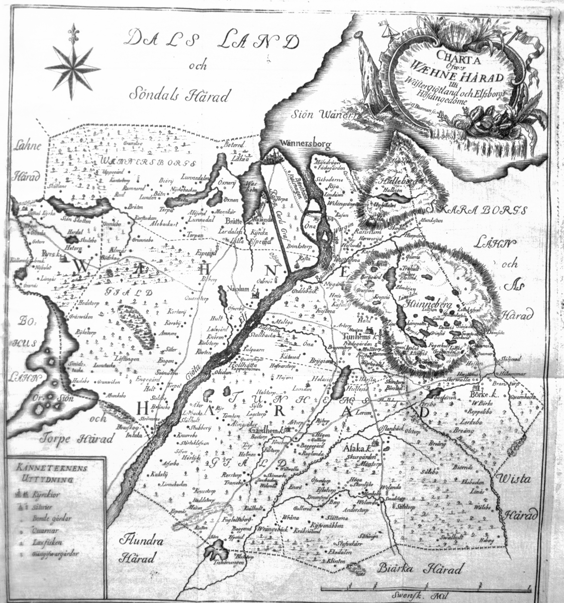 Karta över Waehne härad uti Västergötland och Elfsborgs höfdingedöme. Avfoto ur boken Dissertationis historice de gentis vanorum in Westro Gothia Sedibus. Dn Algothi A Scarin.
