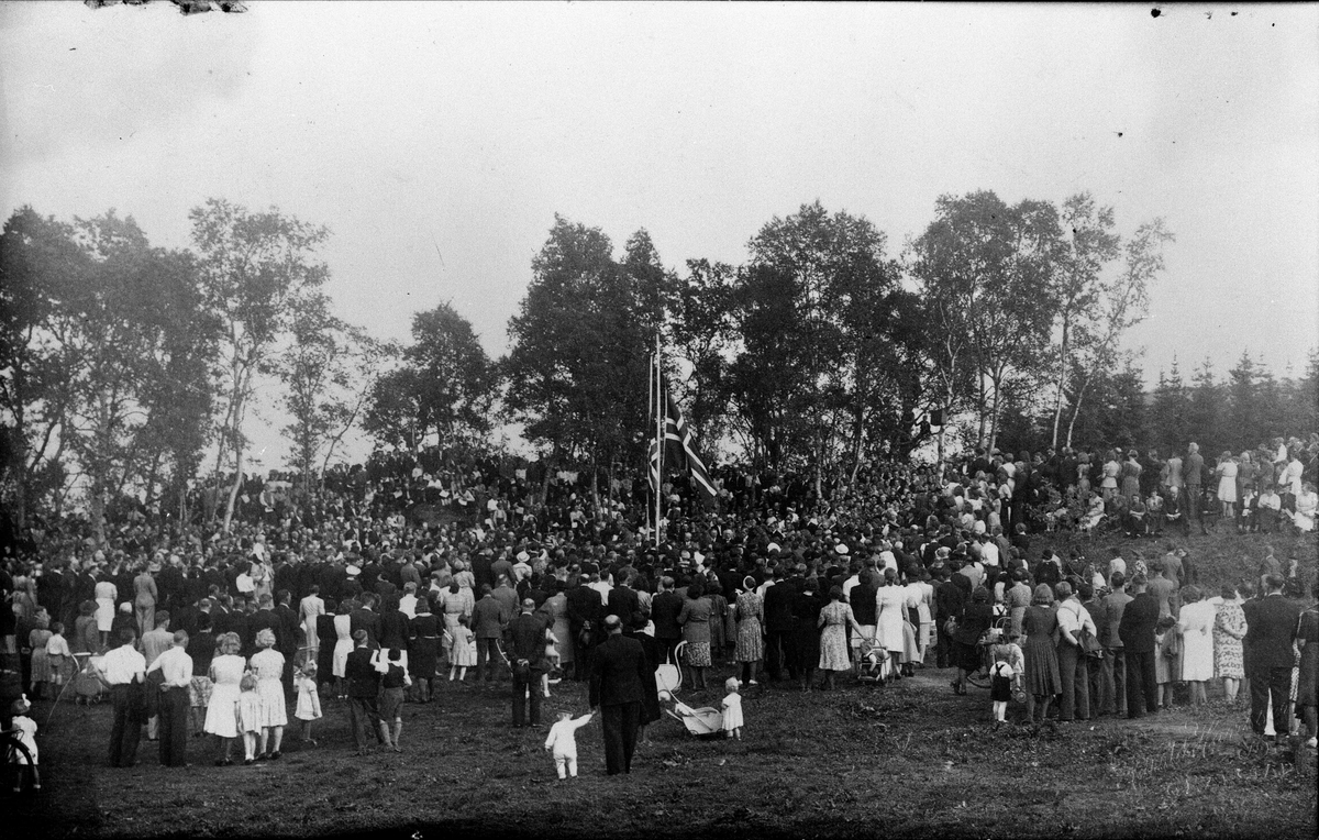 Folkemengde og flagg på halv stang på "Nansen-sletta" i Parken.