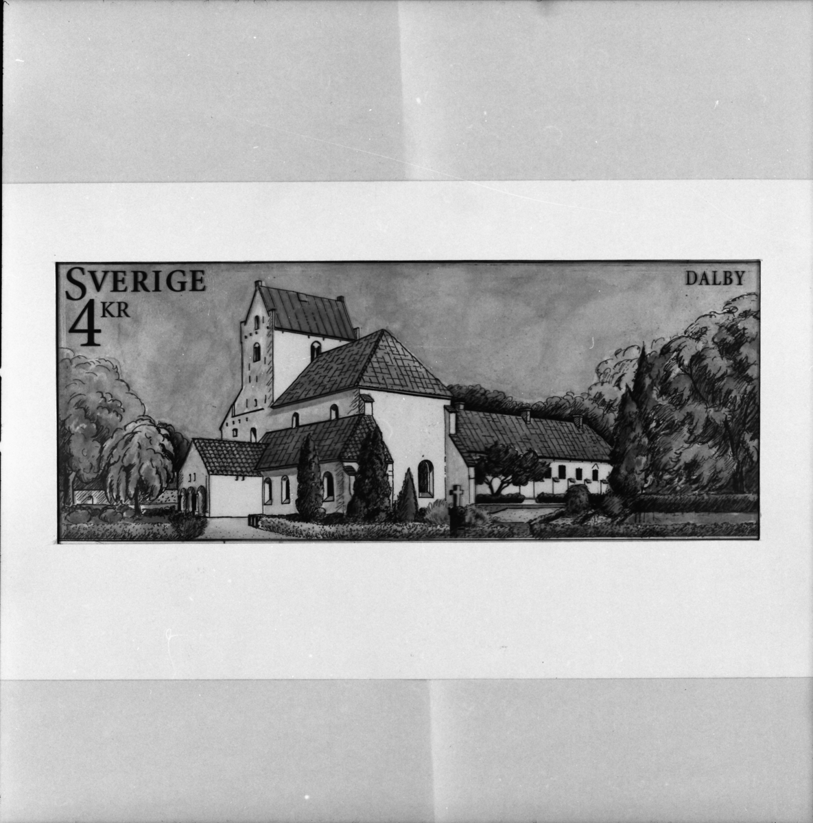 Originalteckning till frimärket "Dalby kyrka" för frimärksutgåvan Svenska hus 3, kyrkor, 1997.