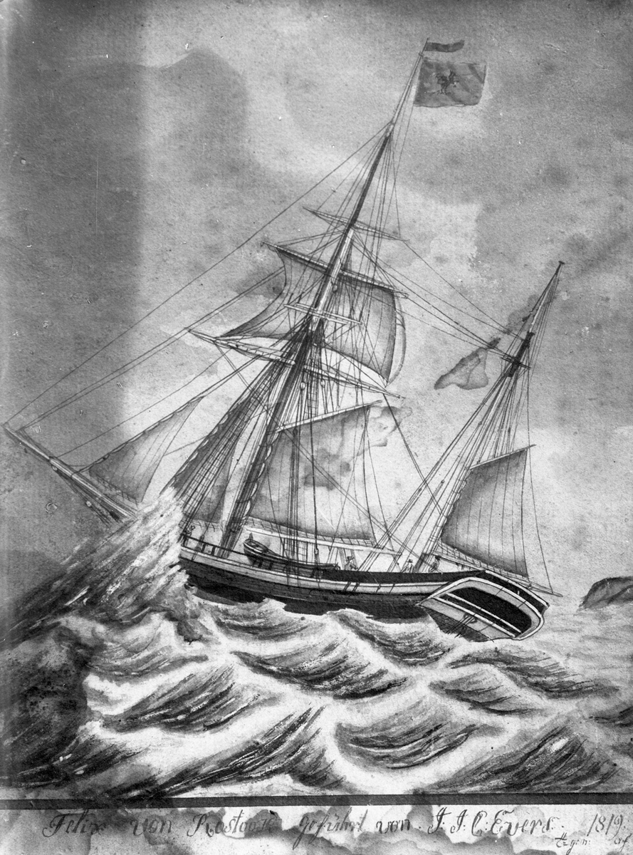 Avfotografert maleri av galeasen "Felix" for fulle seil i åpent farvann. Deler av mannskapet på dekk.  Land i bakgrunnen lengst til venstre og høyre.