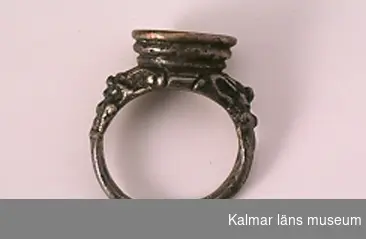 KLM 16729. Sigillring, av silver. Trind ring, oval tjock klack. Renässansornament i övergången mellan ring och klack. I klacken bokstäverna MN samt vapensköld med bomärke. Datering: 1500-tal eller tidigt 1600-tal.