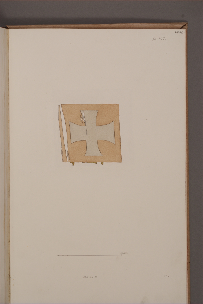 Avbildning i gouache föreställande detalj av fälttecken taget som trofé av svenska armén. Den avbildade fanan finns inte bevarad i Armémuseums samling.