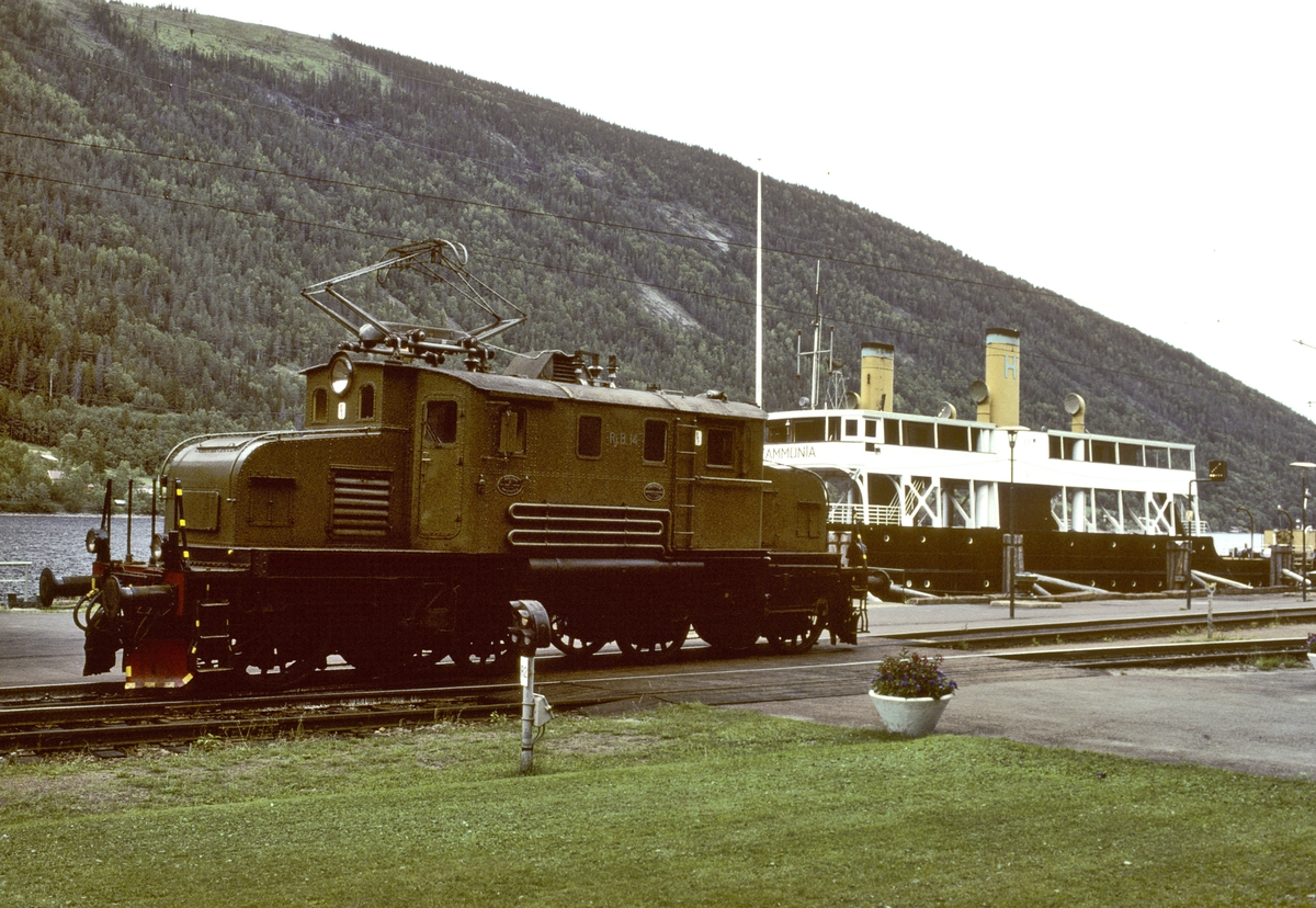 Rjukanbanens lokomotiv RjB 14 (NSB El 1 2001) og dampfergen D/F Ammonia.