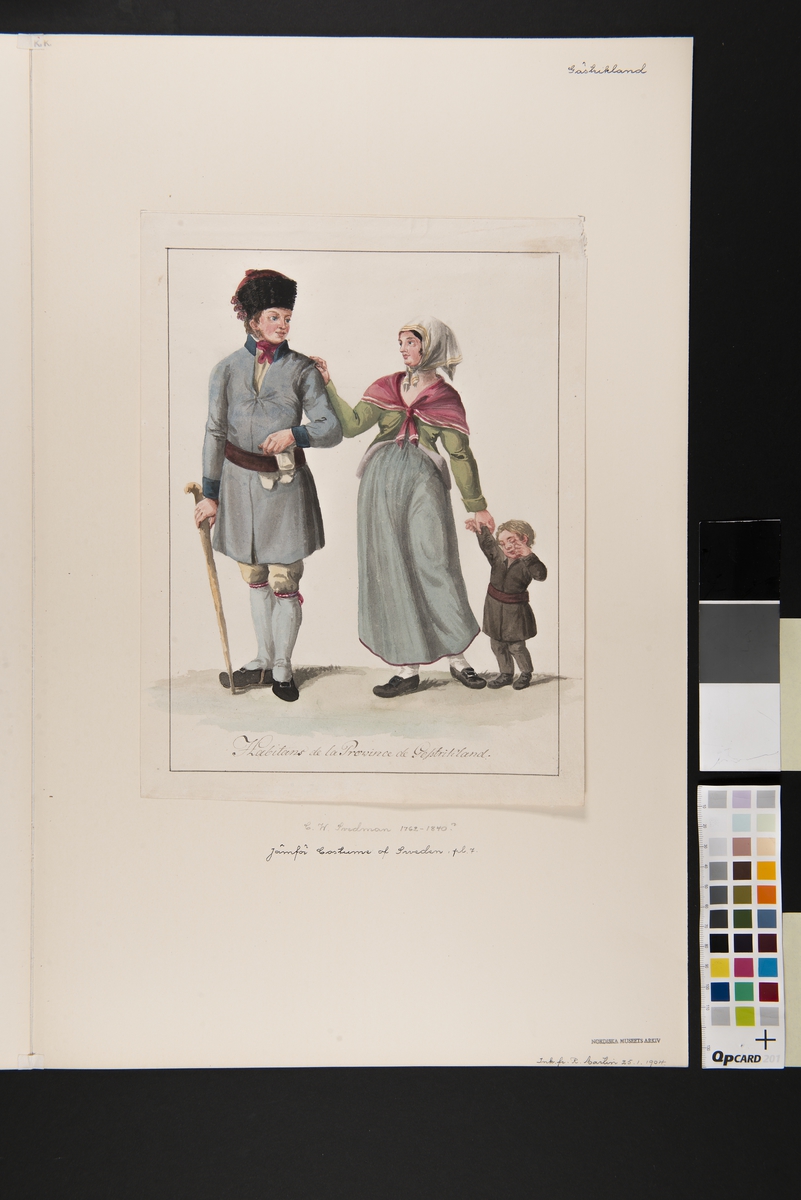"Habitants de la Province de la Gestrikland", Tre personer en man en kvinna och ett barn i dräkt. Akvarell av C.W Swedman.