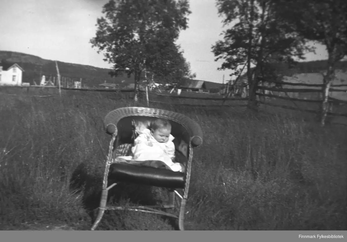 Spedbarn fotografert i en kurvstol på en frodig eng. Dette er Laila Dørmænen på hennes dåpsdag. Hun ble døpt samtidig som kusinen Aino Mikkola. Bildet er tatt på Mikkel Mikkolas gamle eiendom Nordmannseng, i Neiden, nedenfor kirka. Huset i bakgrunnen til venstre tilhørte lærer Haaheim.