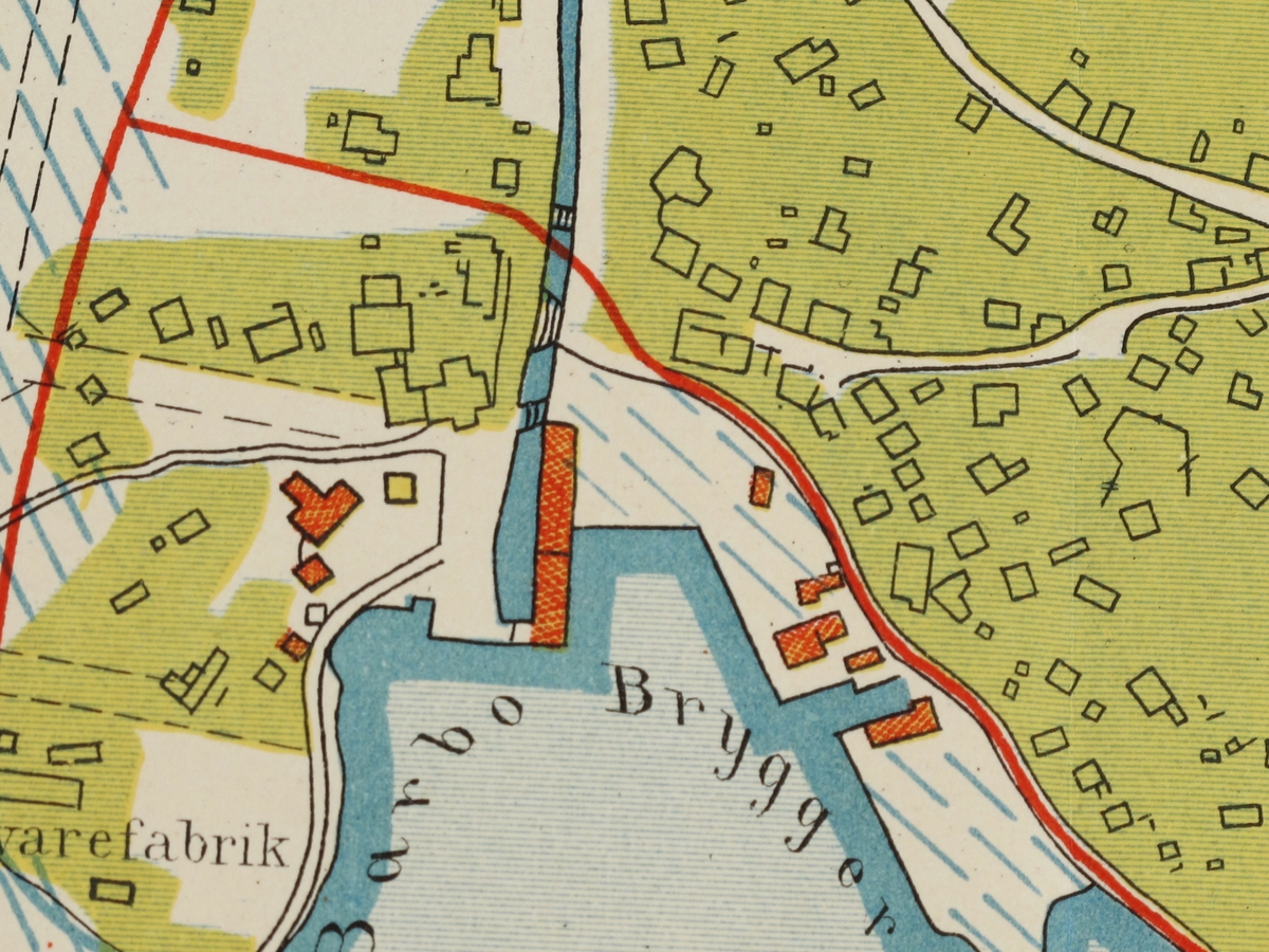 Kart over Barbu og Langsæ. Eiendomskart 1:4000. Viser bl.a. bygrensen før 1902. 
