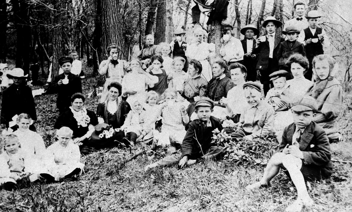 Amerikabilder, Per Mæhlum, Vallset.
Gruppebilde av mange barn på utflukt i skogen. Ca 1909.