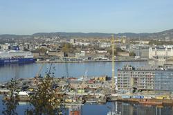 Utsikt fra Ekeberg, havn, fjord, panorama, Bjørvika, Barcode