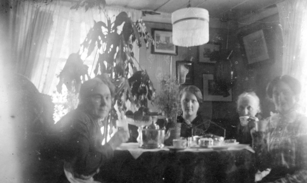 "Hos Berg. Vadsø." Antageligvis familien Berg som sitter rundt bordet. Bordet er dekket til med kaffe/te servise. Kvinnene er kledd i kjoler. På veggen kan man se flere bilder, og bak manner står en stor plante.