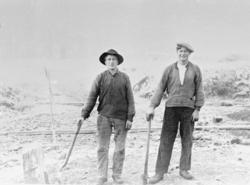 To unge menn utendørs, står med spade og hakke, i arbeid med