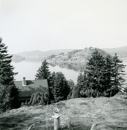 Sommaren 1959. Wetterlunds hus, till vänster soluret. Detta avbildade Gunnel på morfars ex libris. Vilken härlig lättskött tomt! Det var innan Verner började med trädgård på Blekinge-vis.