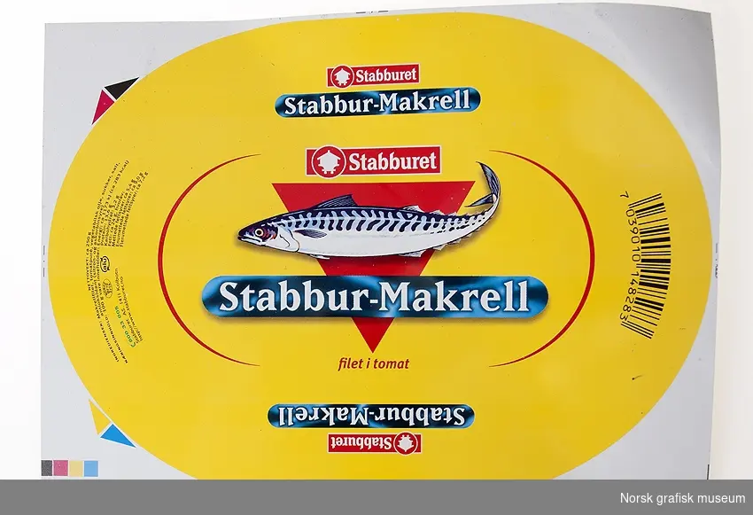 Blikktrykk på metallplate, en boks "Stabbur-Makrell"