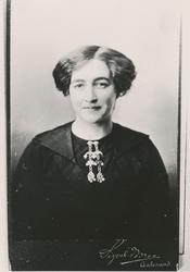 Portrett av en kvinne med finklær og sølje.