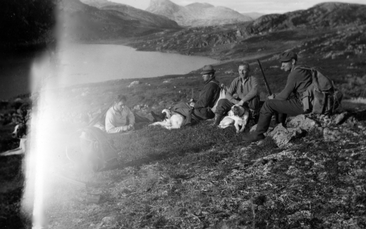 Fire menn med hunder har pause på fjellet.