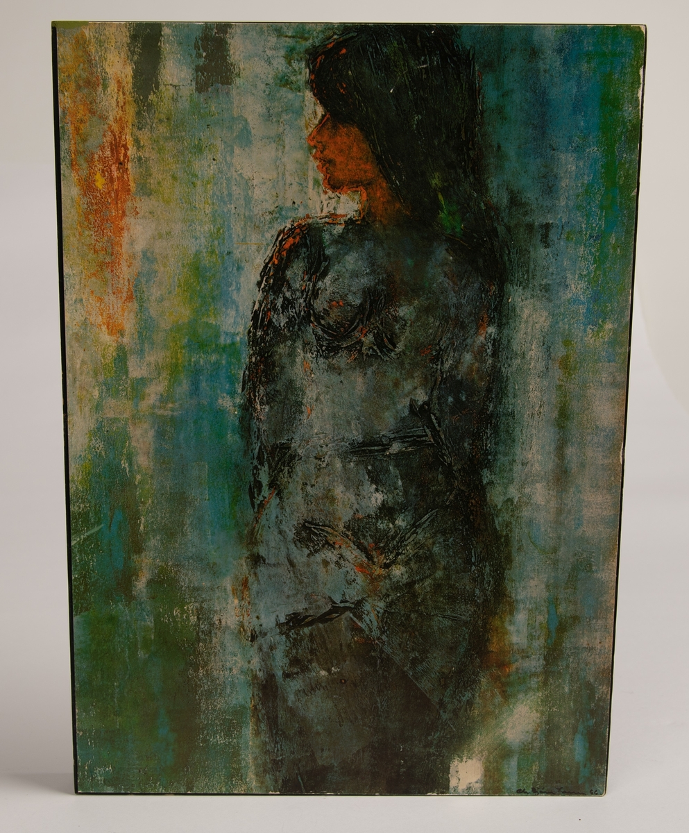 Maleri (kopi - trykt) av kvinne stående i profil. Ansiktet er delvis tildekket av hår, og ansiktshuden er oransje. Resten av kroppen er skyggelagt/ligner en silhuett.