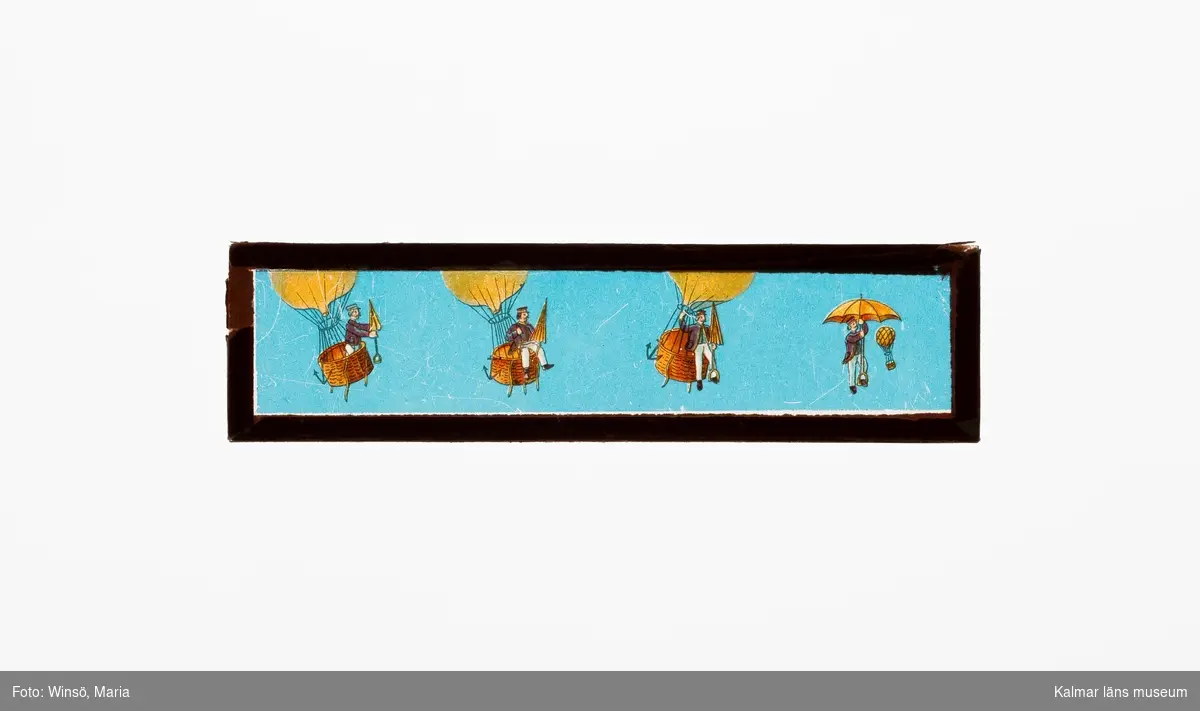 KLM 46191:3. Skioptikonbild. 6 stycken. Rektangulära glasskivor med målade motiv i cirklar, fem motiv på vardera glasskiva. Motiven föreställer scener ur sagor.