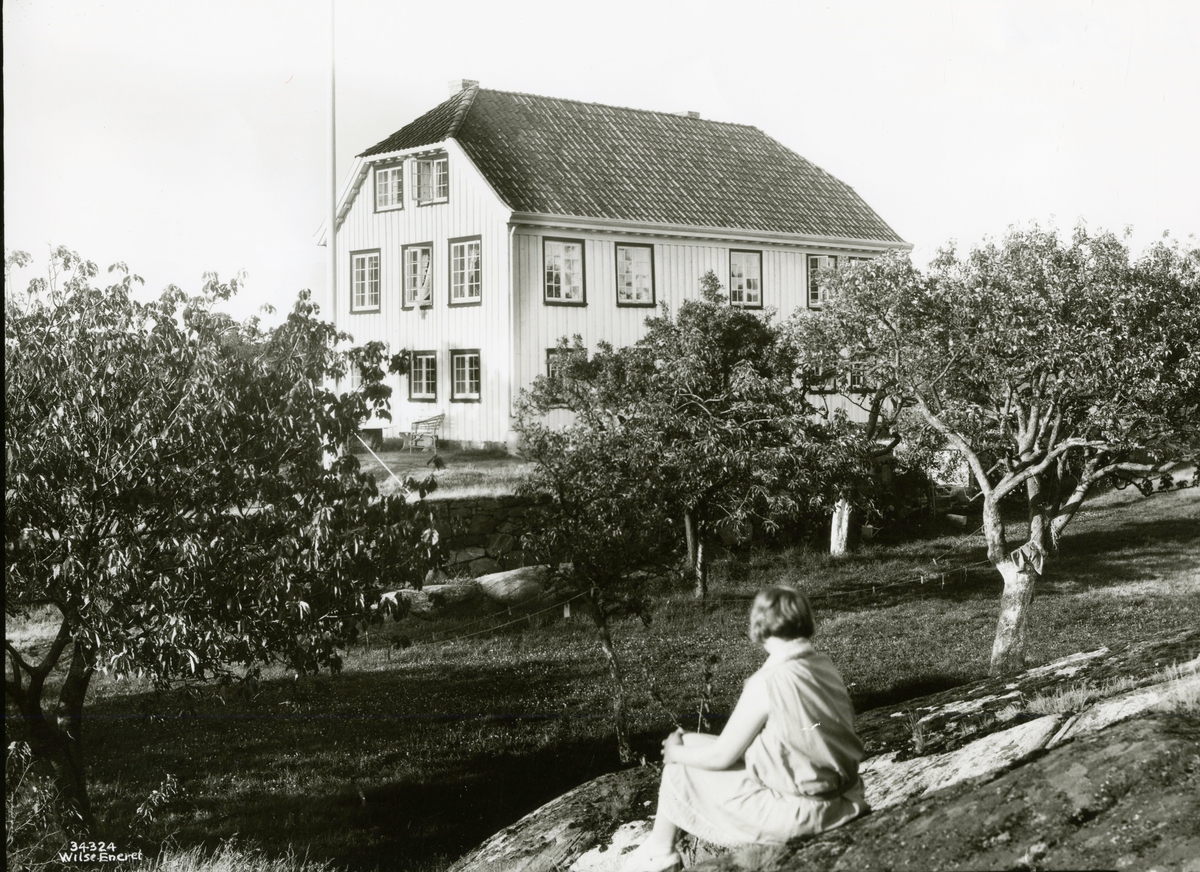 Bråtøy hovedgård,Skåtøy. Hovedhuset og frukttrær. en kvinne sitter med ryggen til.huset, en kvinne i hagen