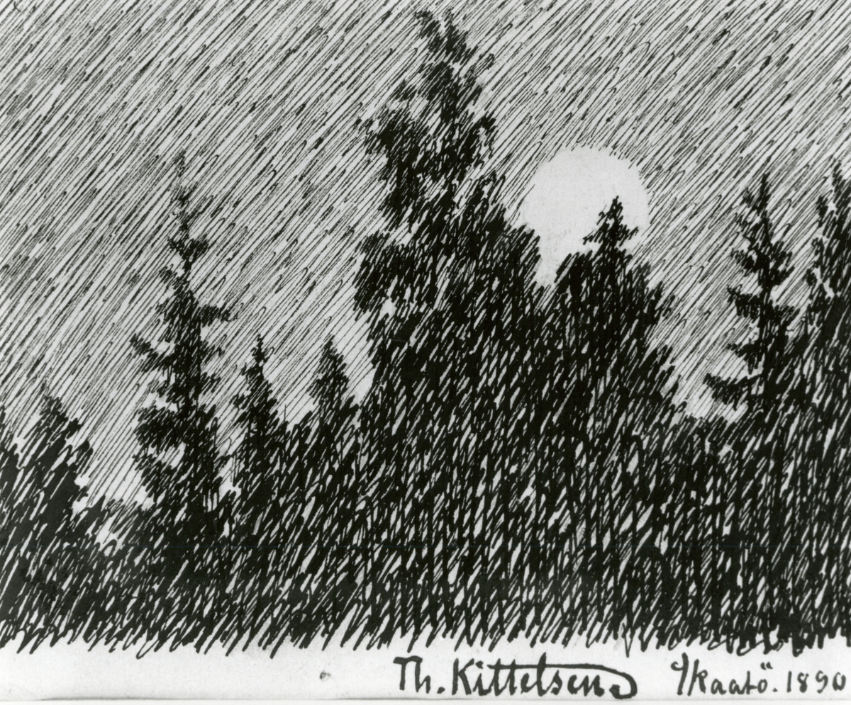 Skog med måne over, foto av tegning "Skaatø 1890" av Theodor Kittelsen