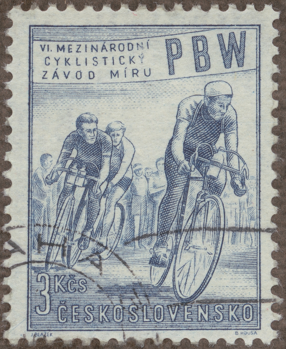 Frimärken ur Gösta Bodmans filatelistiska motivsamling, påbörjad 1950. Frimärke från Tscheckoslovakiet, 1953. Motiv av Cyklister "6-te cykeltävlingen efter freden: - Prag-Berlin-Warshawa. -"