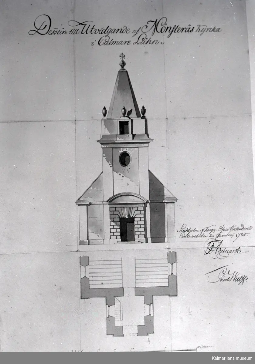 Förslag till kyrktorn på nya Mönsterås kyrka, ritning av Jacob Wulff 1785. Uppmätning av gamla Mönsterås kyrka, utförd av Anders Bergström.