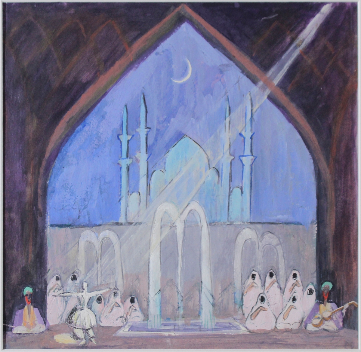Kan vara skiss till ett sceneri för en teaterscen, formen på kulissen och ljuset från strålkastaren påminner om Grosvalds skildringar av basarer och hamam. Personen till vänster dansar en dans karaktäristisk för sufismen.