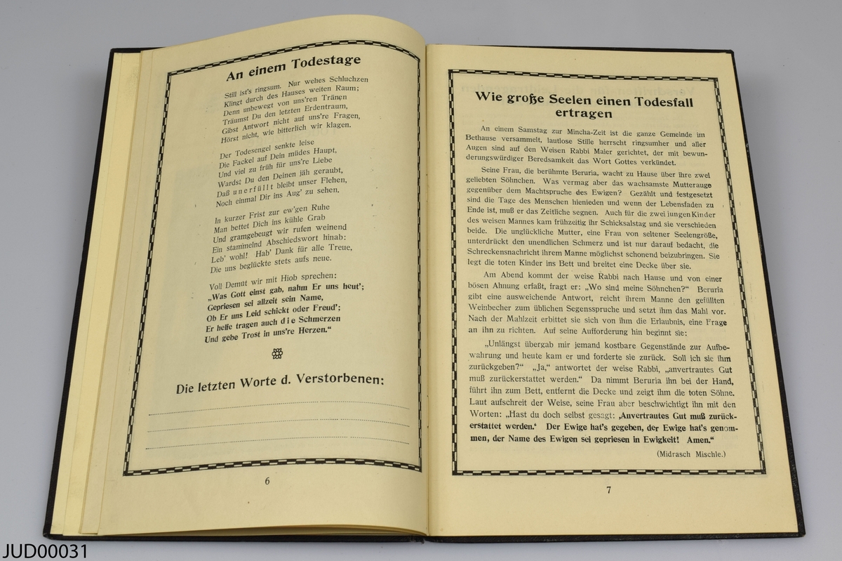 Årsbok, på framsidan dekorerad med flera davidsstjärnor samt en hängande oljelampa i profil. I boken finns följande anteckning "B.S S[i]ültner, 28 jan 1919, 27 Schebat 5679 im 67 Lebensjahre".