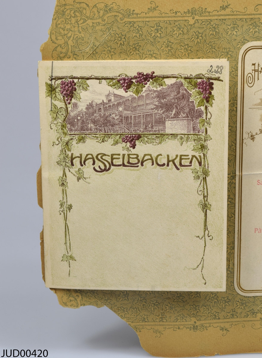 Sex stycken menyer från tidigt 1900-tal, uppklistrade på dekorativt papper. Menyerna är färgglatt illustrerade, och skrivna på svenska, engelska och franska.