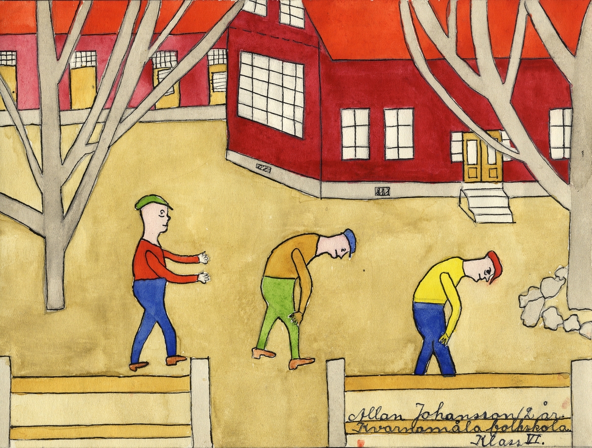 Barnteckning - akvarell.
"Livet i vår skola".
Hoppa bock. 

Allan Johansson, Kvarnamåla skola, klass VI, tolv år. 

Inskrivet i huvudbok 1947.