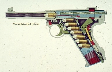 Pistol m/1940. 9 mm. Vapnet laddat och säkrat.