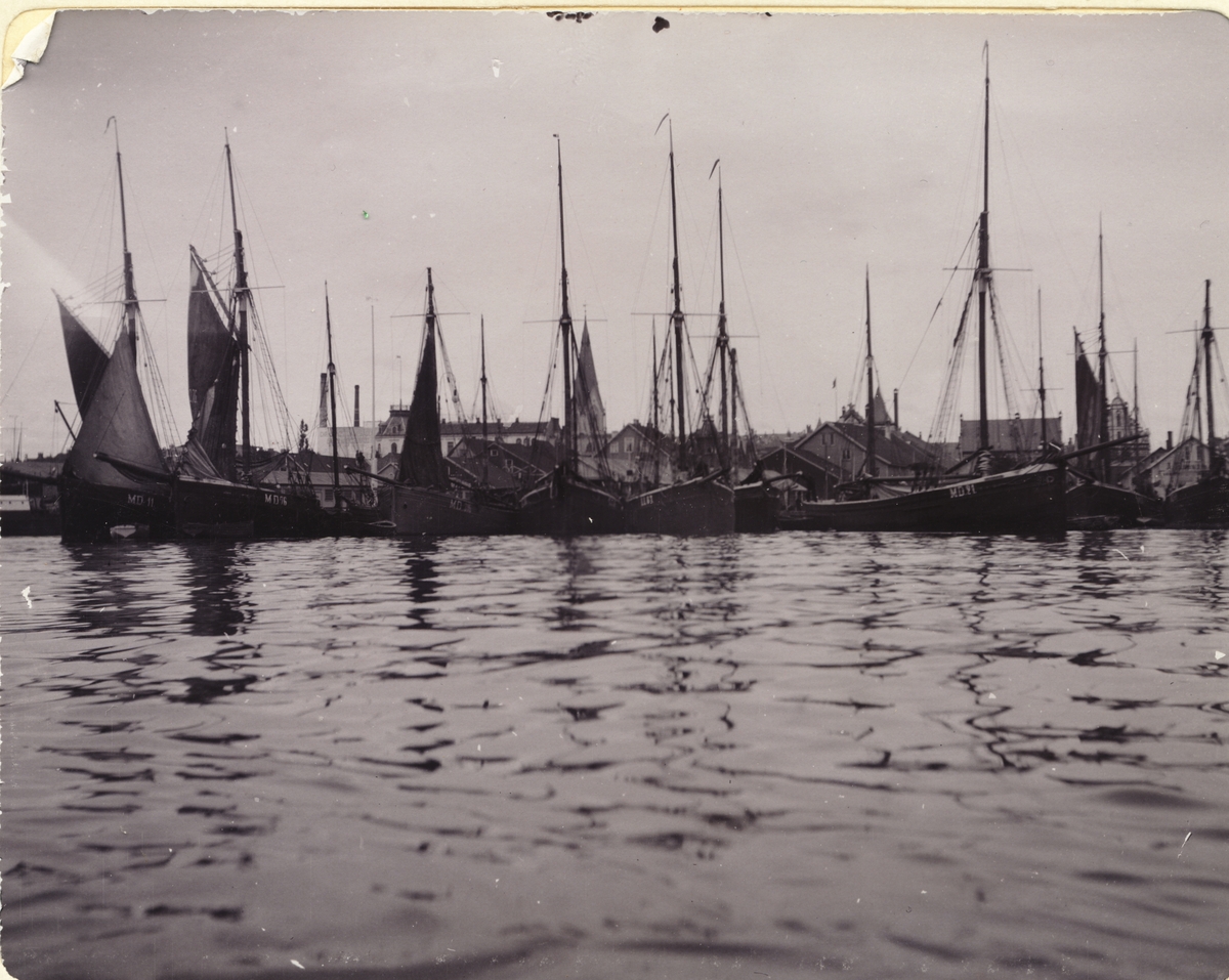 Svenske fiskesnekker i Kristiansand havn. Fotografert august 1909 under familiene Egebergs og Wedel Jarlsbergs tur til Vestlandet.