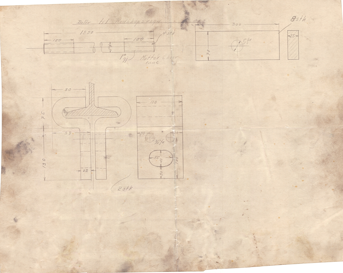 Arbeidstegning på kalkerpapir av deler for redskapsvogn(original)
Udatert
Format A3