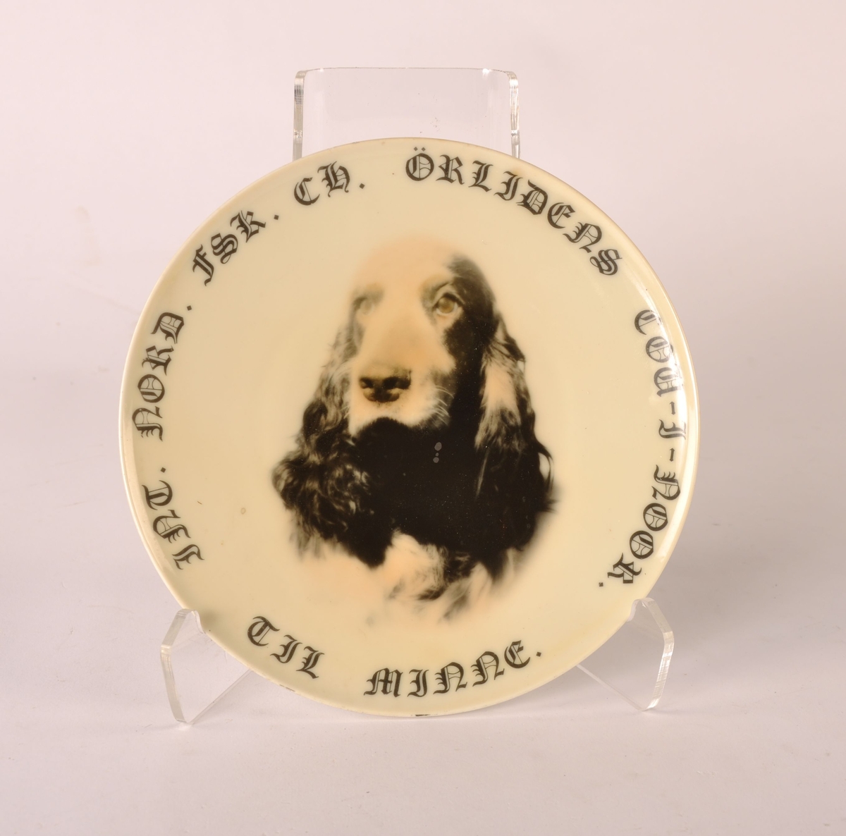 Mulig hundepremie (eller pyntefat) i form av rund, hvit keramikktallerken. Motiv cocker spaniel og tekst.