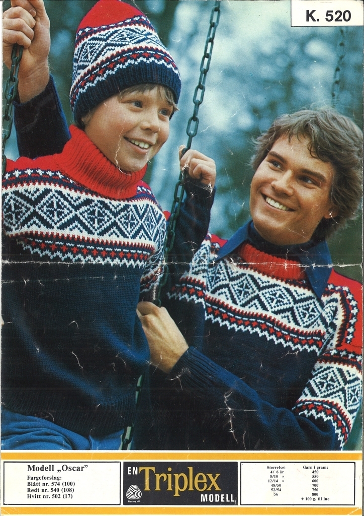 Mann og gutt i strikkete gensere i rødt, hvitt og blått