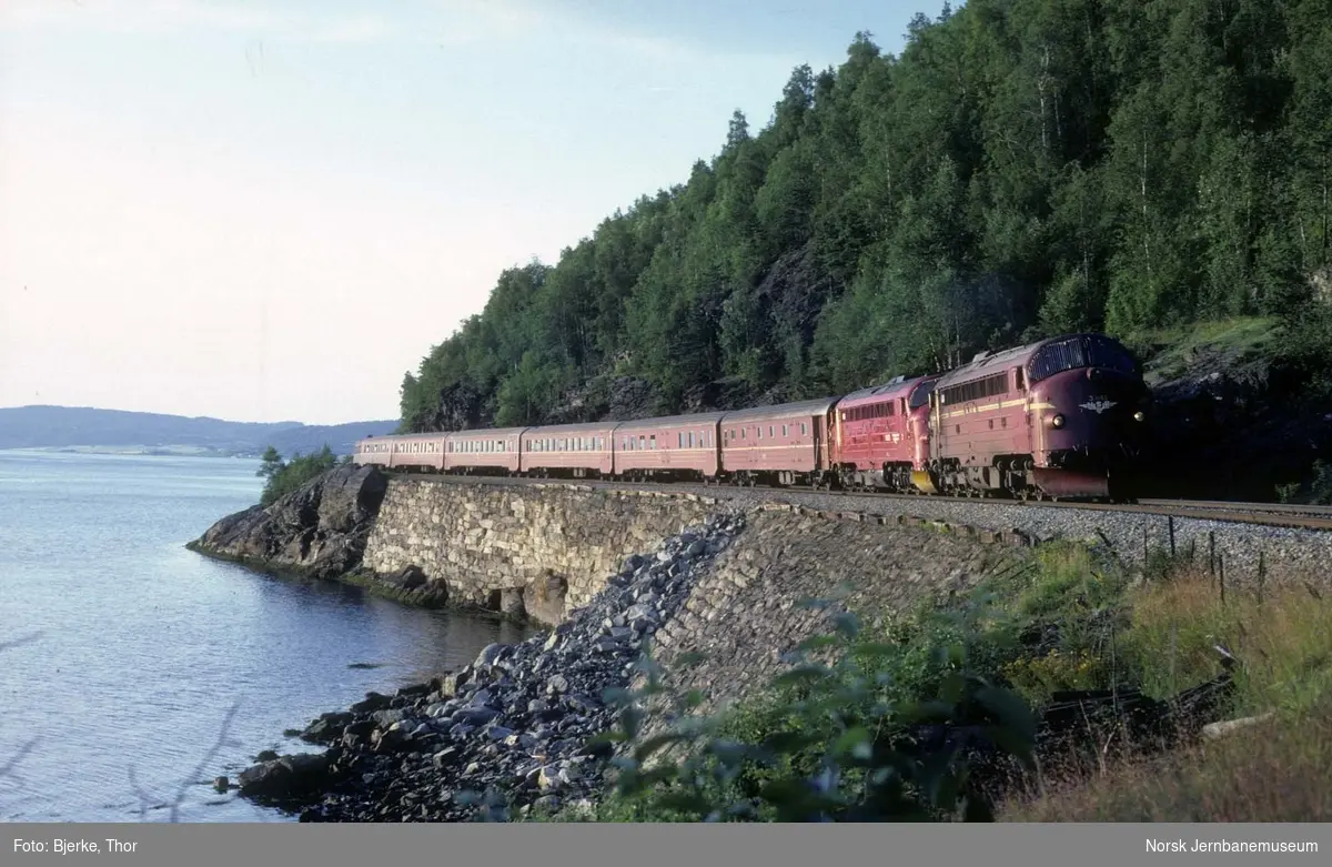 Sørgående dagtog 452 i nærheten av Solbakken holdeplass, trukket av to diesellokomotiver Di 3, nr. 642 og 632