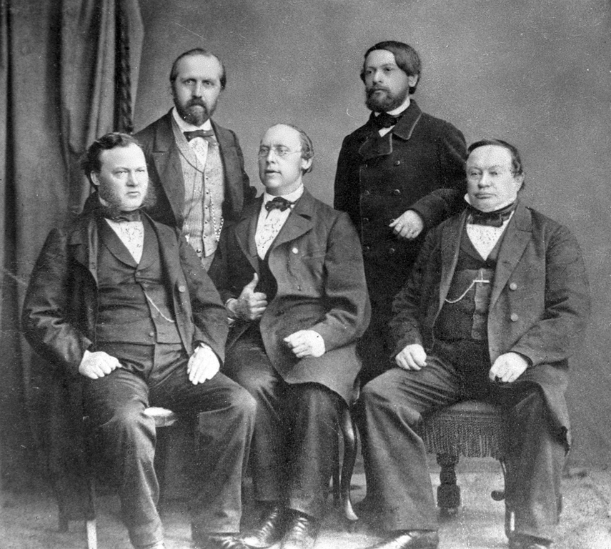 Tekniska skolan lärare på 1860-talet.
Stående från vänster: C.A. Leverin och S. Liedzén.
Sittande från vänster: L. Kjellstedt, S.T. Göransson (föreståndare för skolan), F. Eimele.