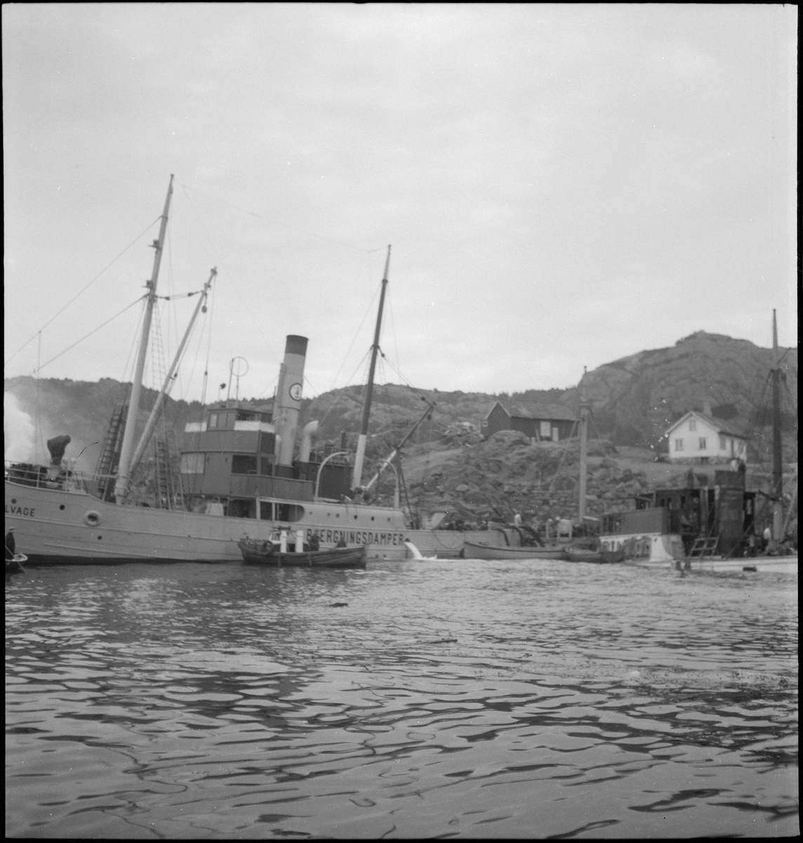 Bergingsdamperne "Salvator" og "Salvage" jobber med heving av fryseskipet "Jørgen Klaus". Det brukes taljer, dykkere og rør som pumper ut vann.